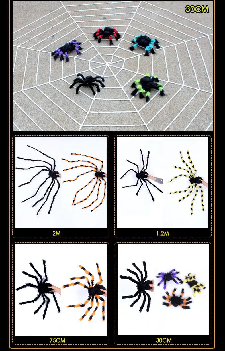 décorations de fausses araignées colorées de tailles et de motifs variés, notamment noires avec des accents violets, rouges, bleus, verts, orange et jaunes, pour des présentoirs de toile d’araignée d’Halloween.