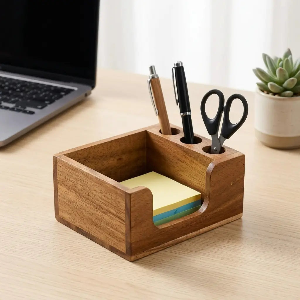 A sleek square wooden desk organizer with a natural wood finish and three circular slots holding pens and scissors made from solid wood.