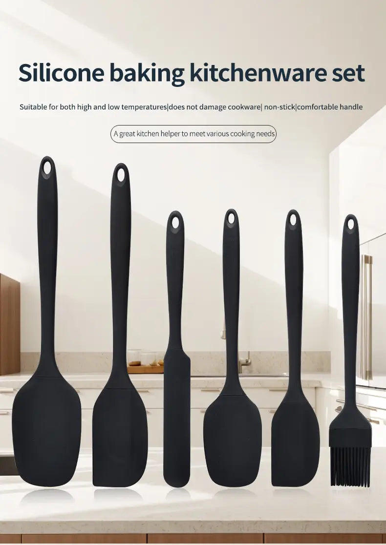 Black silicone kitchenware set featuring various spatula and brush designs for baking and cooking use.