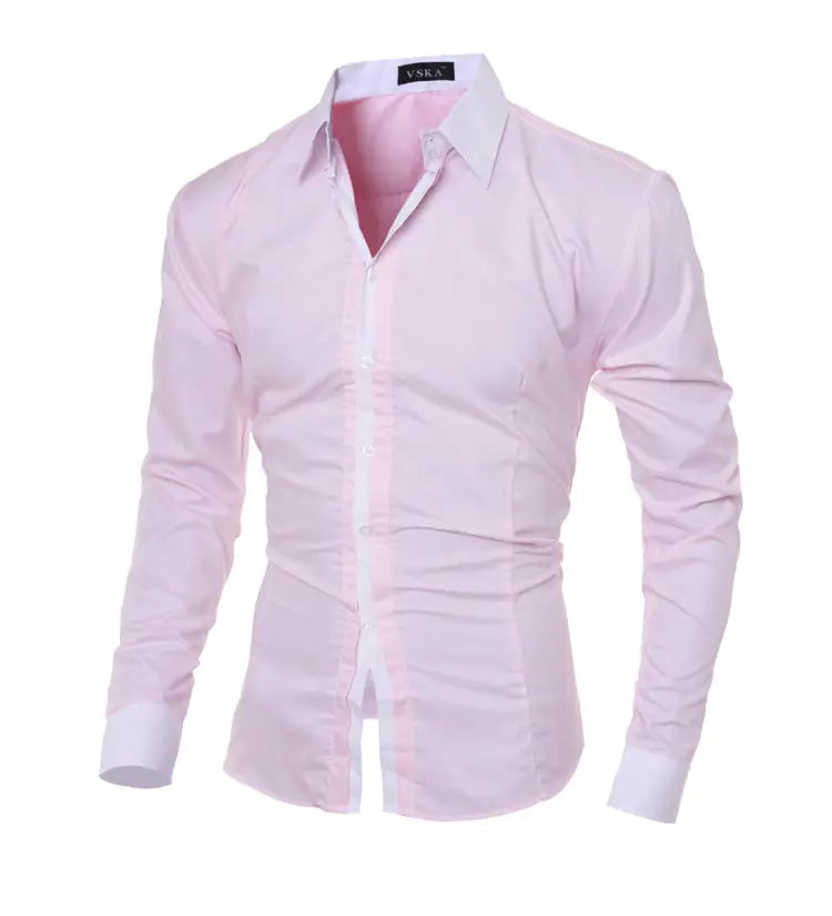 Men striped slim fit long sleeve casual shirt in pink with a crisp white collar and cuffs featuring subtle vertical pleats along the front.