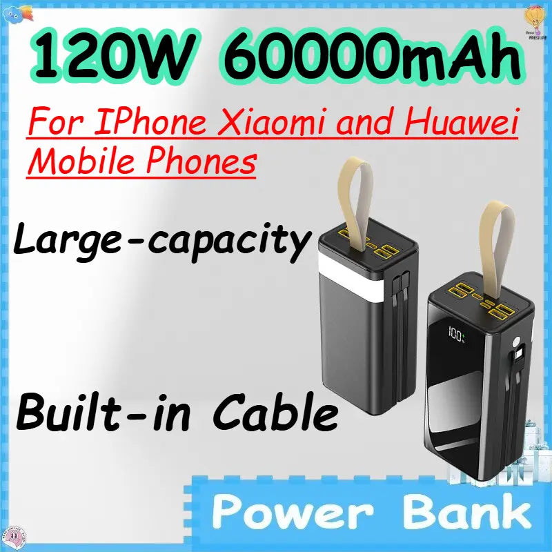 Black rectangular 60000mah power bank with beige carrying strap and digital display showing battery level featuring 120w 60000mah power capacity for portable charging.