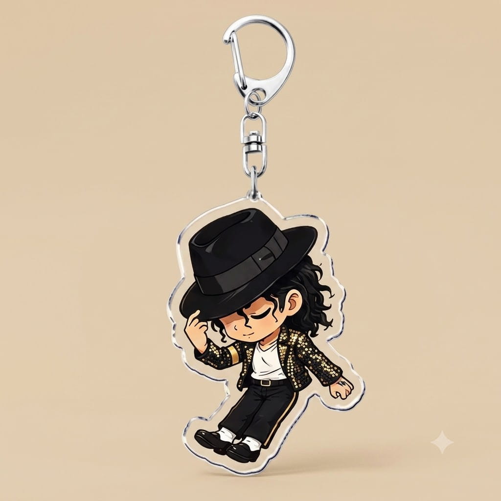 Clear acrylic keychain featuring a chibi-style illustration of michael jackson wearing a black fedora, gold sequined jacket, black pants, and white socks.
