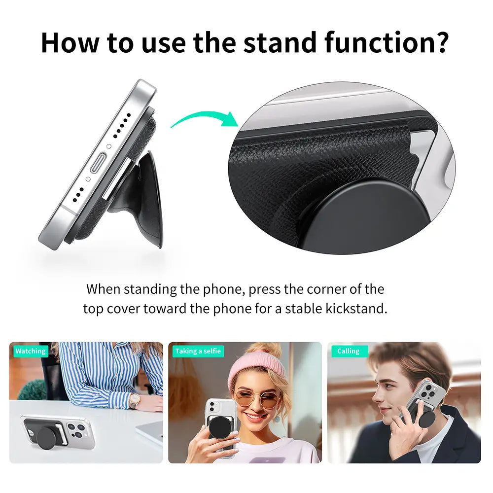 Schwarzer strukturierter Leder-Telefonhalter mit magnetischem Kartenhalter und magnetischer Kickstand-Basis für die freihändige Nutzung