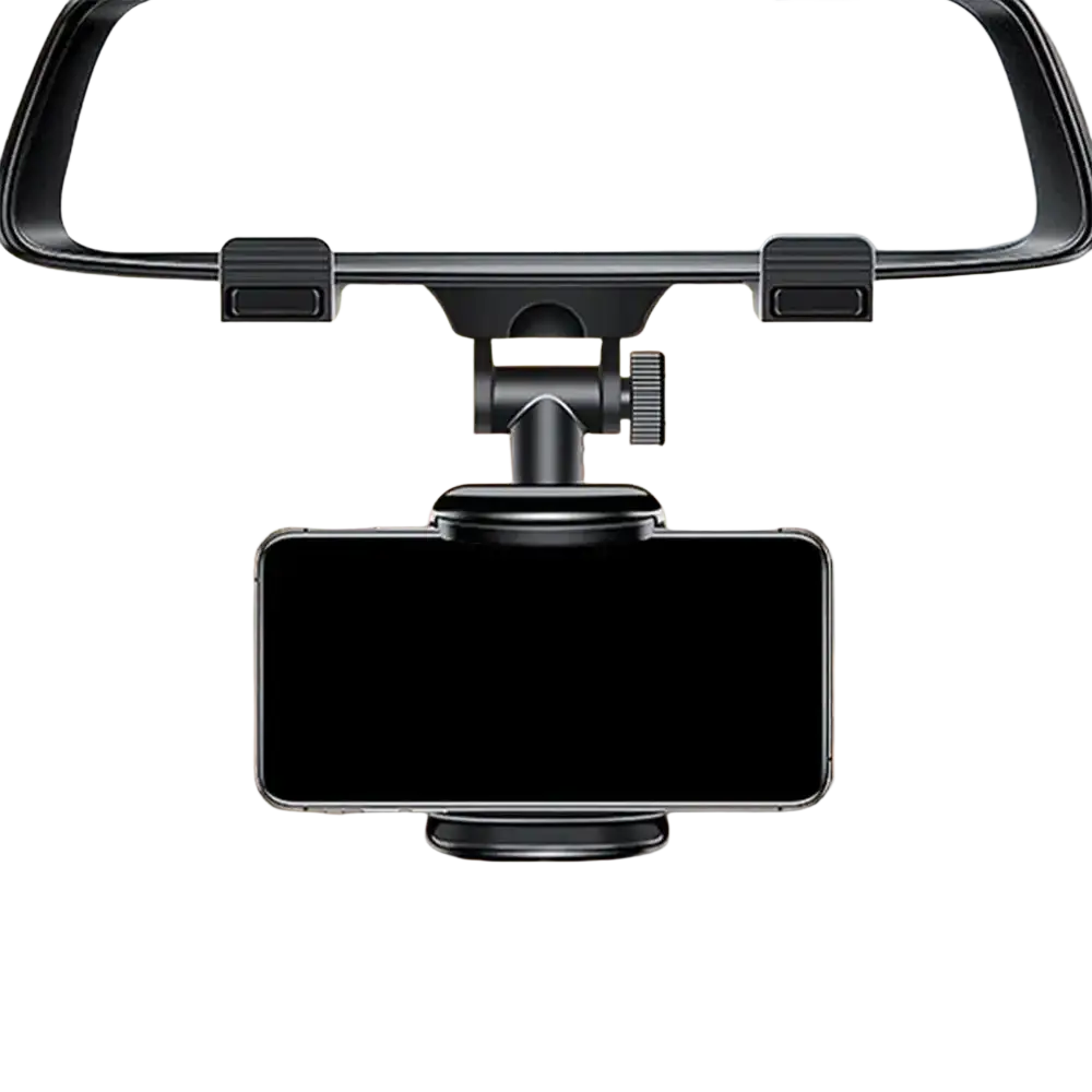 Black car phone holder with adjustable 360-degree rotation for rearview mirror mounting and secure dashboard use