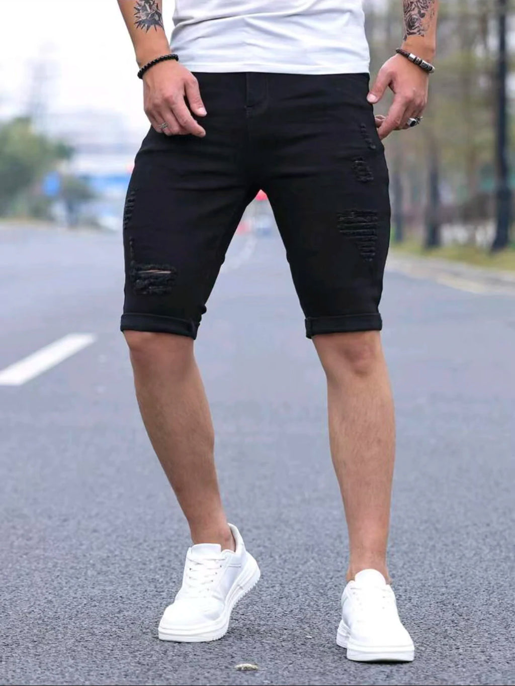 Black Ripped Denim Shorts Men's Summer New Fashion Skinny Elastic Washed Knee Length Jeans Casual Slim Hip-hop Pants Streetwear