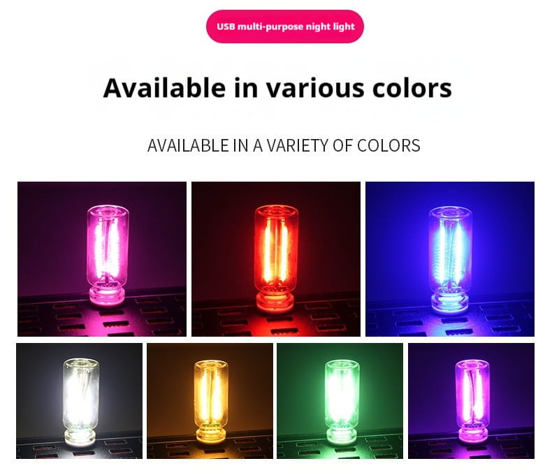 Clear glass usb night light with a cylindrical shape and visible internal led filament available in various vibrant colors as a multi-purpose atmosphere light.