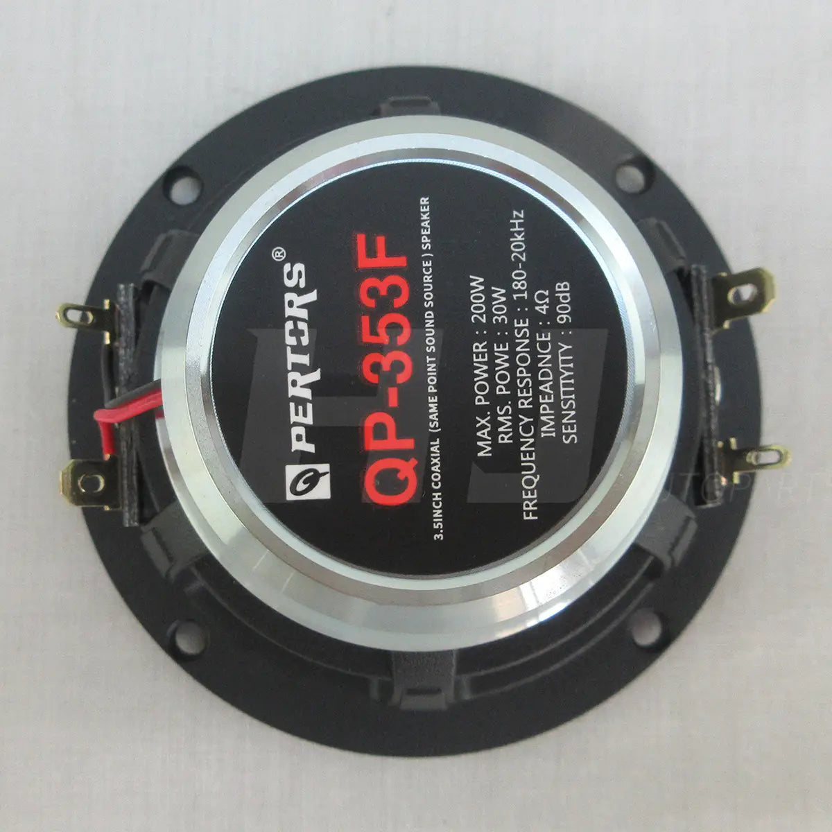 Black and silver perters qp-353f 3.5 inch coaxial car speaker with red branding on a black label, gold-colored mounting brackets and wiring terminals shown from the back side.