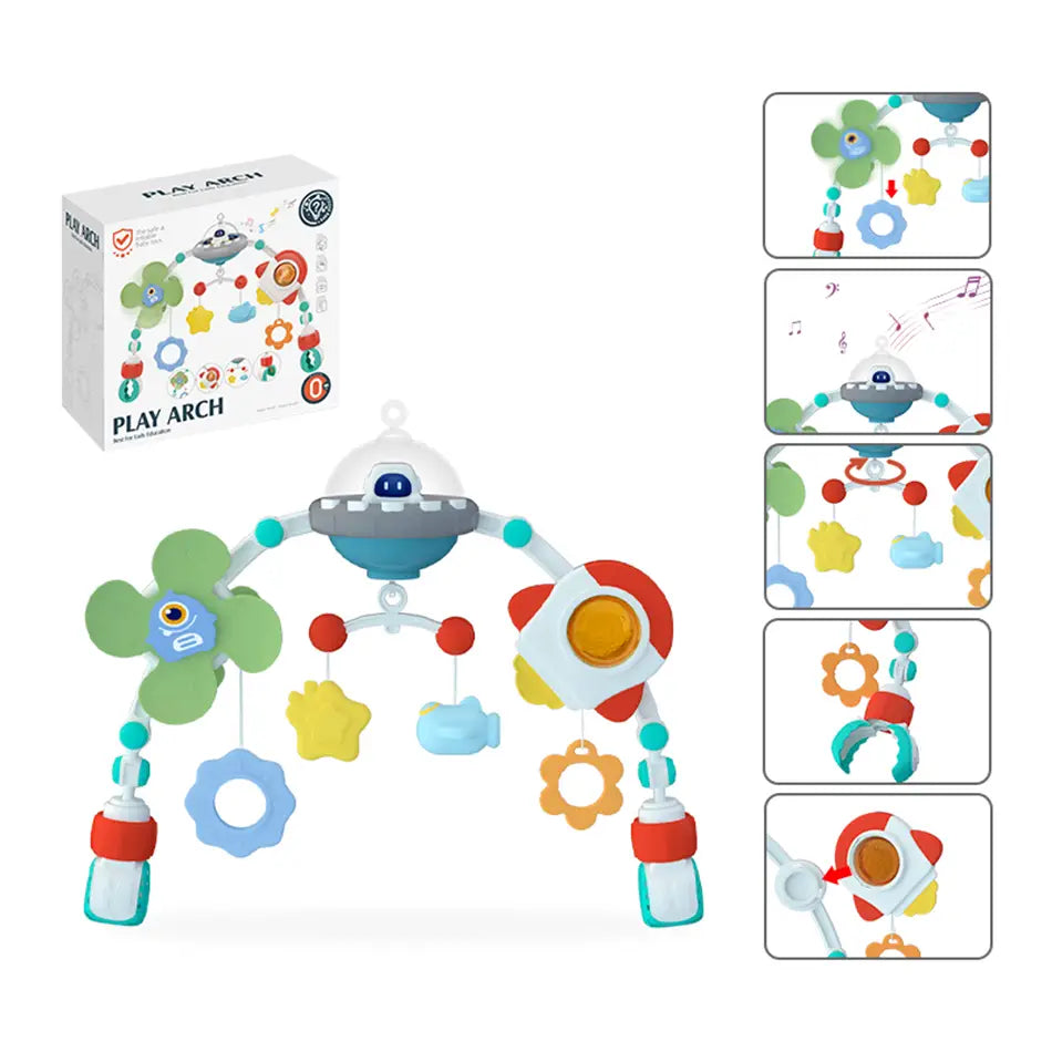 Jouets d’arche pour poussette de bébé en plastique colorés du centre d’activités marin, avec une soucoupe volante centrale et des jouets suspendus