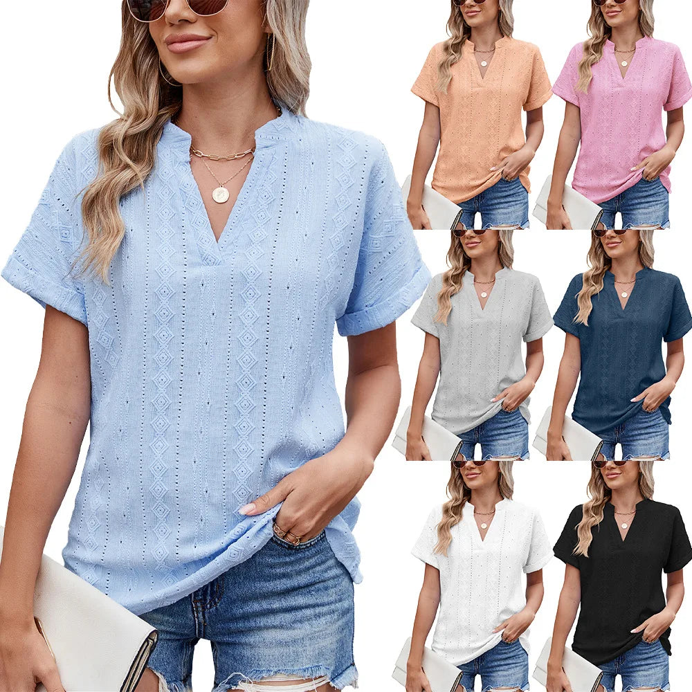 Casual Blouses For Women Fashion Embroidery Jacquard Short Sleeve V Neck Shirts Loose Summer Solid Colors Elegant Tops 2025 New