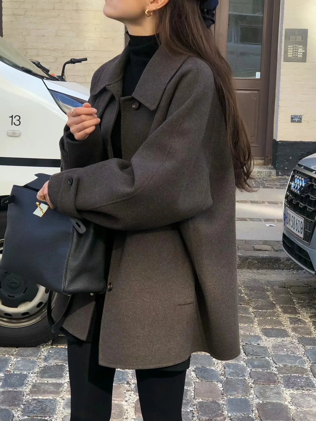 Women's Woolen Coat Elegant Lapel Mid-Length Solid Color  Double-Sided Fabric Lightweight Non Bulky Versatile Office Outerwear