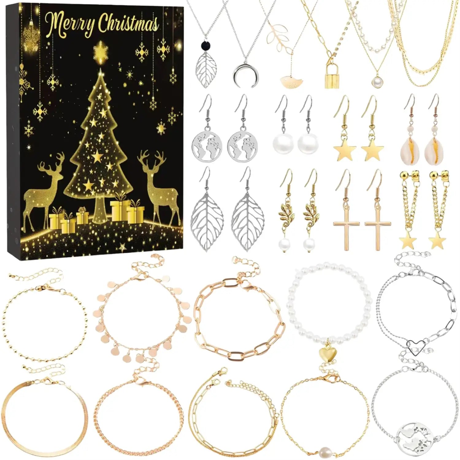 gold and silver metallic christmas advent calendar jewelry gift set featuring a festive holiday design with a glowing tree reindeer and snowflakes