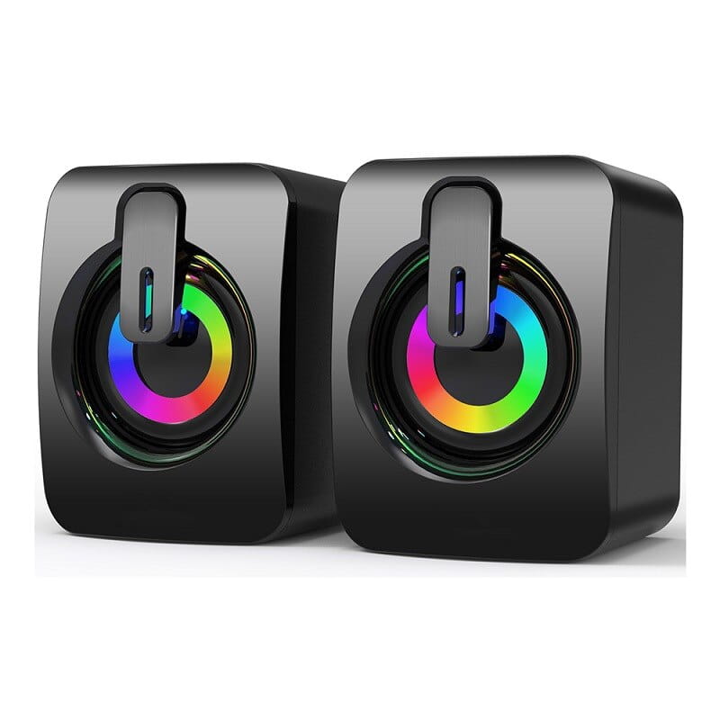 usb computer speakers in black cube shape featuring vibrant rainbow led lighting around circular drivers.