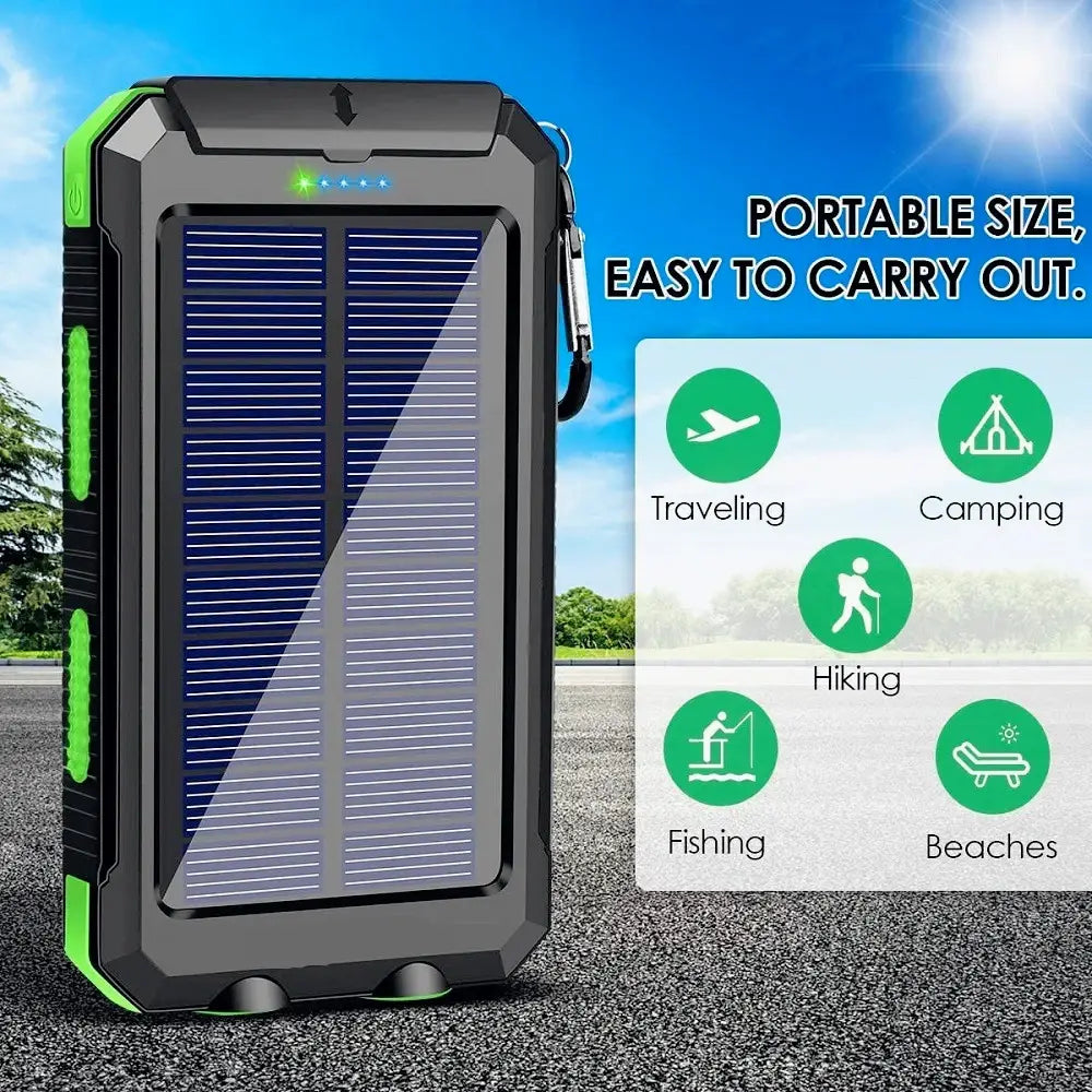 Black and green rugged solar power bank 20000mah portable charger with a durable textured exterior designed for outdoor use.