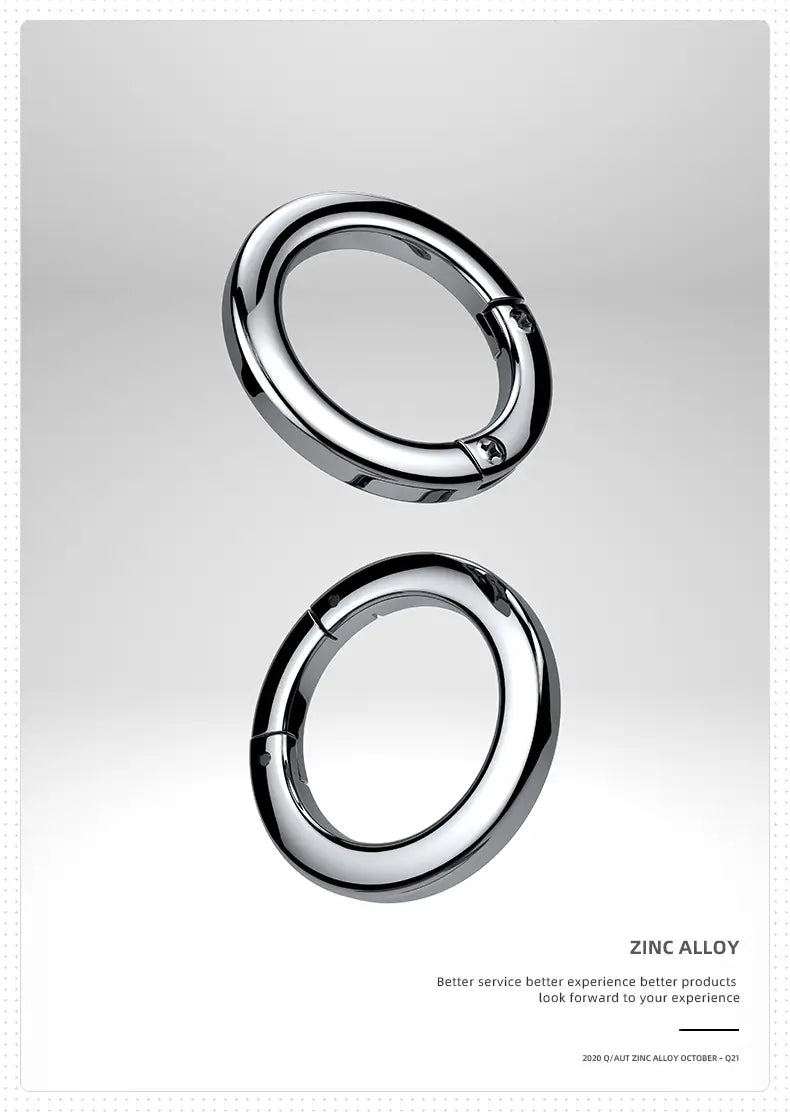 Shiny silver zinc alloy metal car keychain detachable ring holder with sleek rounded carabiner clips and polished finish.