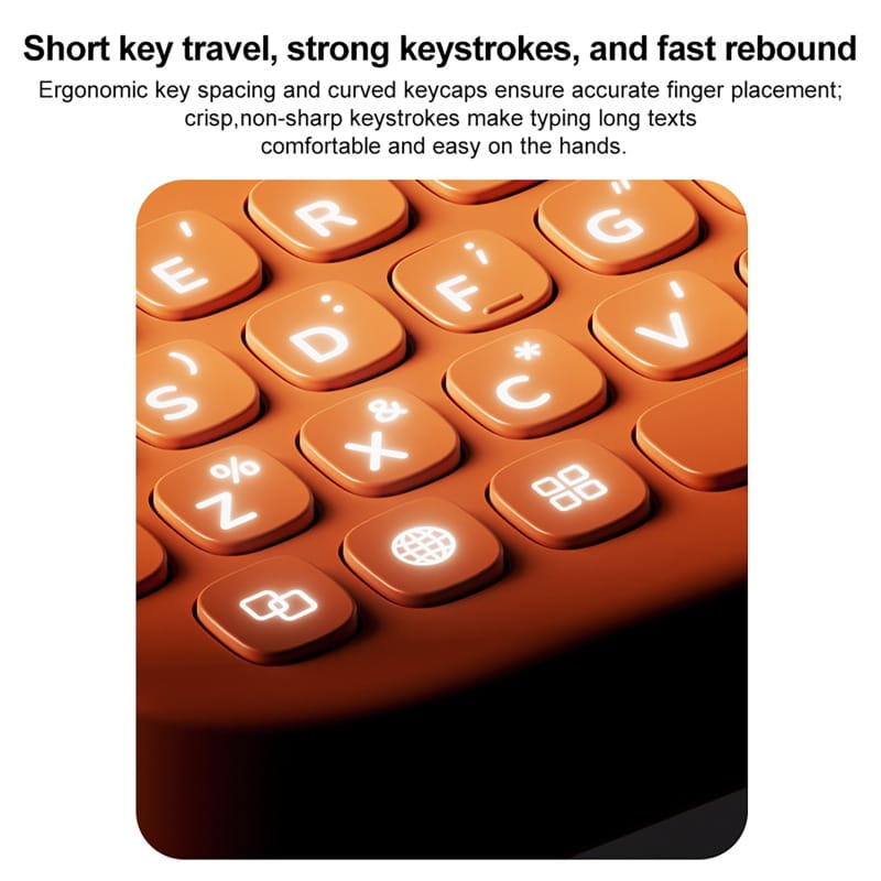 Orangefarbene Handyhülle mit physischer Tastatur für iPhone Pro Max mit gebogenen ergonomischen Tastenkappen mit weißer Beschriftung, ausgelegt für eine verbesserte Bedienbarkeit der mobilen Handyhülle.