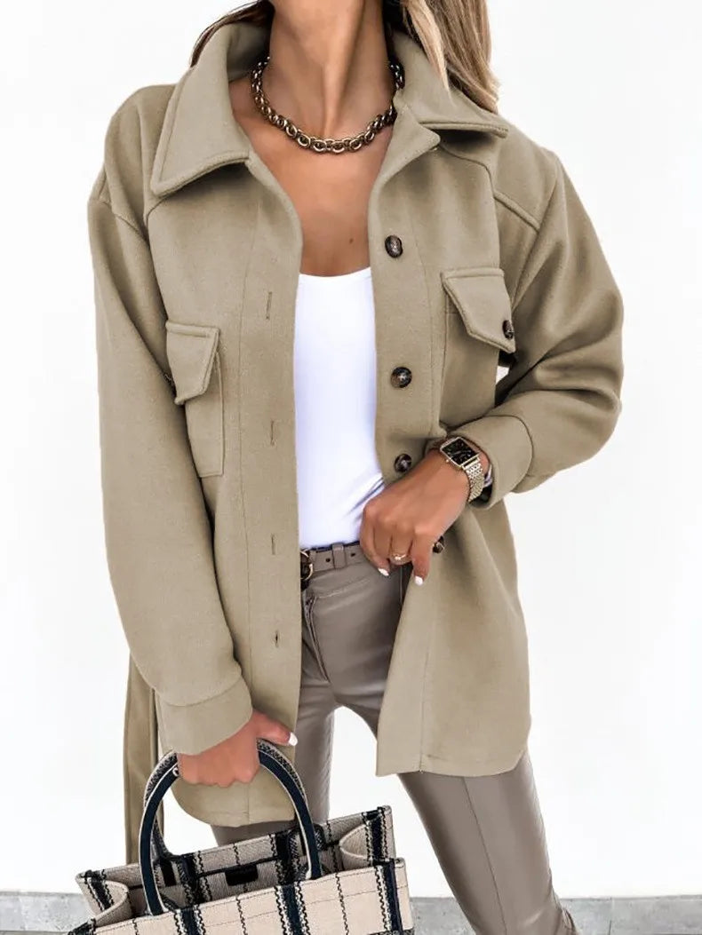 2026 autumn and winter new women's long-sleeved elegant pure-color lapel single-breasted belt wool coat