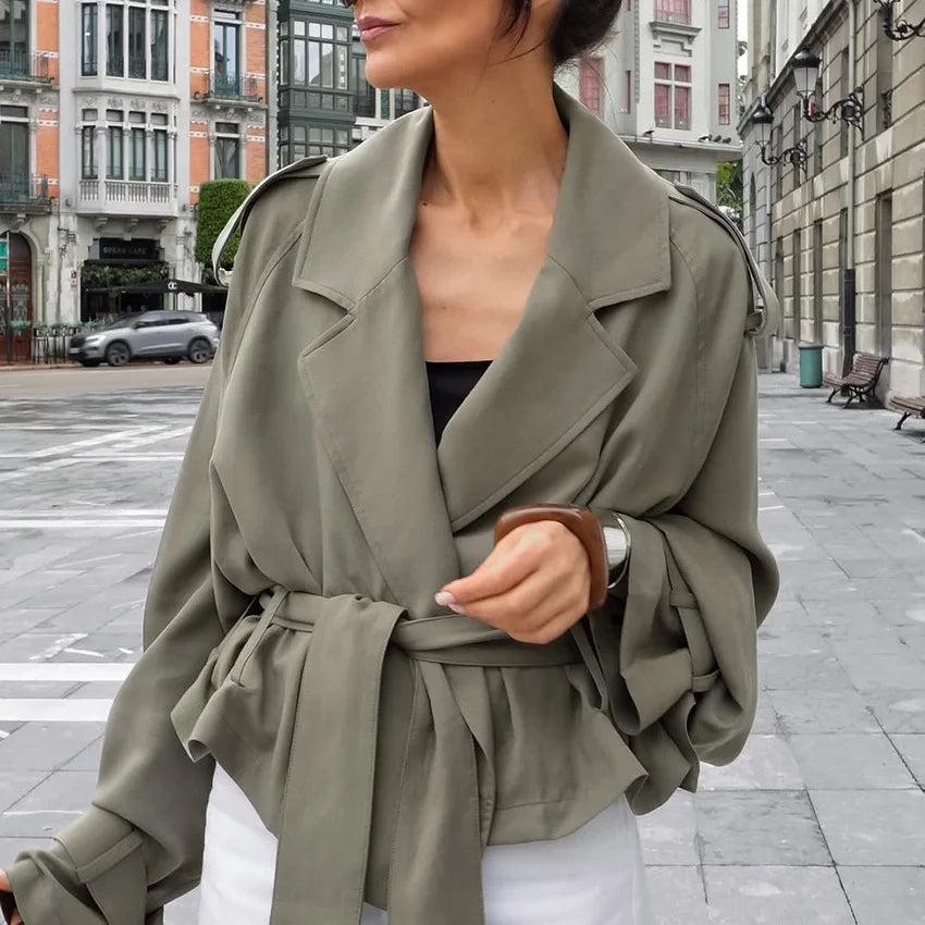 Women's Cropped Trench Coat Lapel Belted Waist Jacket, Loose Fit Drop Shoulder Short Trench