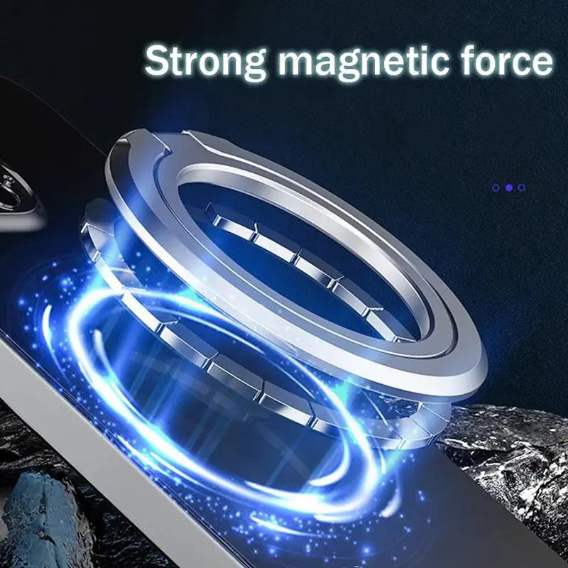 Anillo soporte metálico magnético plateado para teléfono MagSafe con diseño circular elegante y bordes segmentados, mostrado desde el lado posterior.