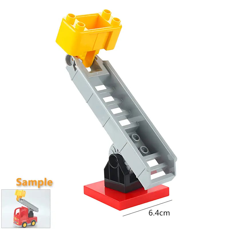 Gray plastic building blocks ladder with yellow bucket attachment and red base designed as a Duplo compatible fire truck aerial ladder in train car toys product.