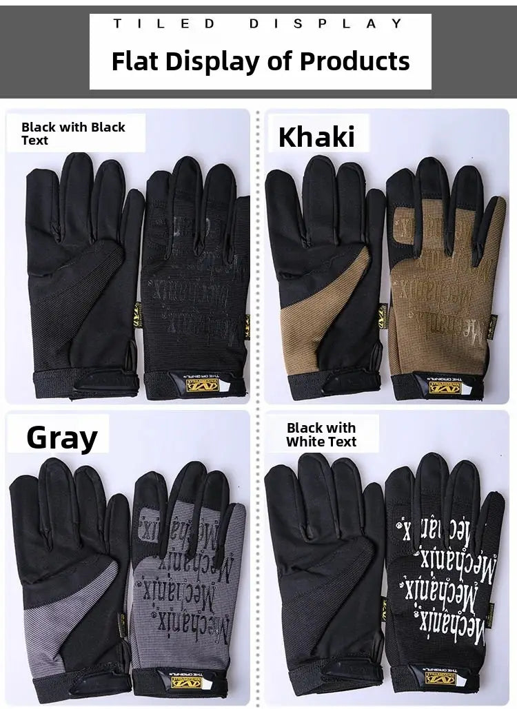 Herren-Fahrradhandschuhe mit vollständigen Fingern in Schwarz, Grau und Khaki mit verstärkten Handflächen und Fingern sowie einem sichtbaren Mechanix-Brand-Logo auf der Rückseite jedes Handschuhs.