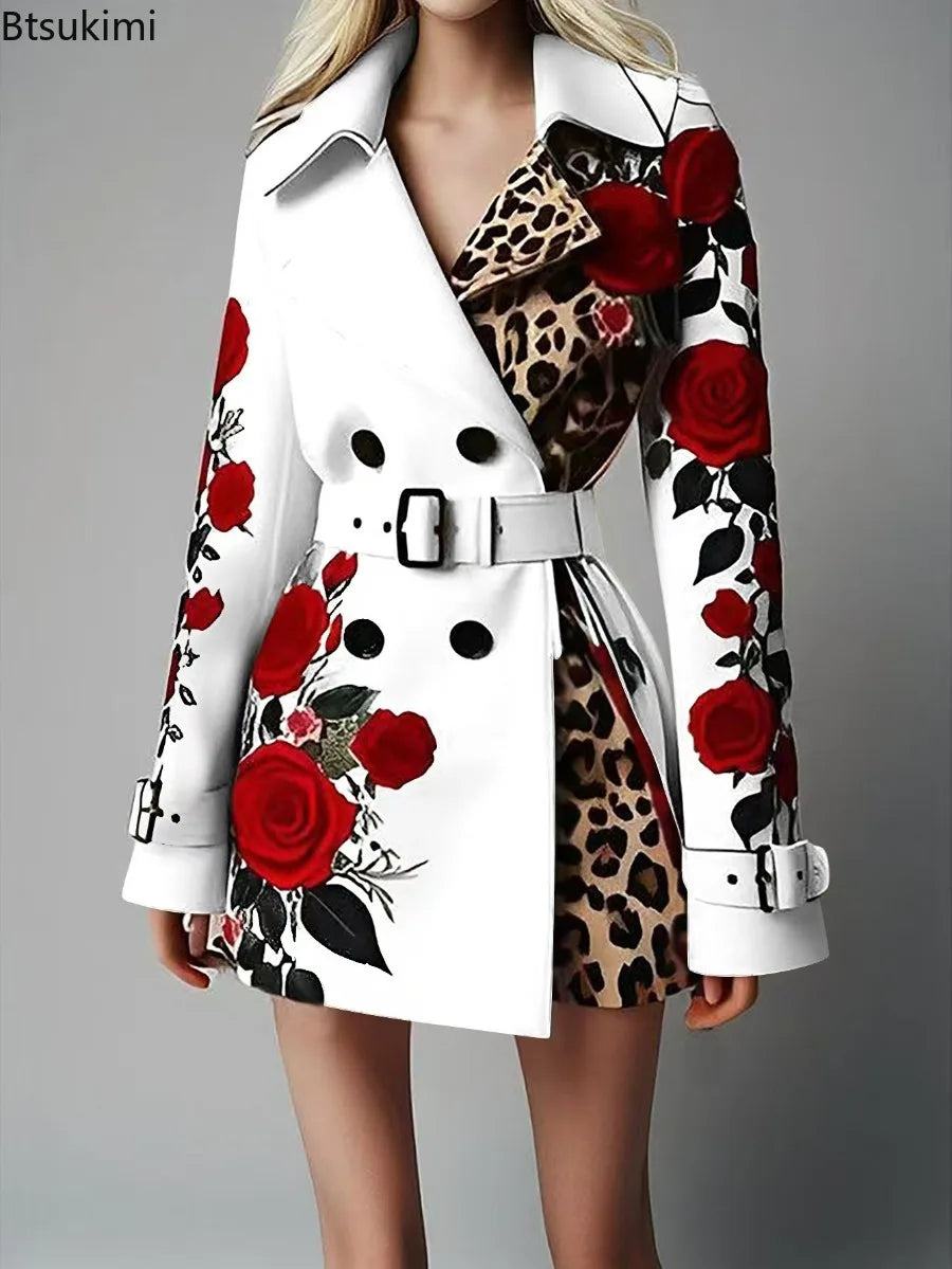 Women's Chic Trench Coat Red Rose Leopard Print Double Breasted Belted Lapel Long Sleeve Outerwear Winter Female  Casual Jackets