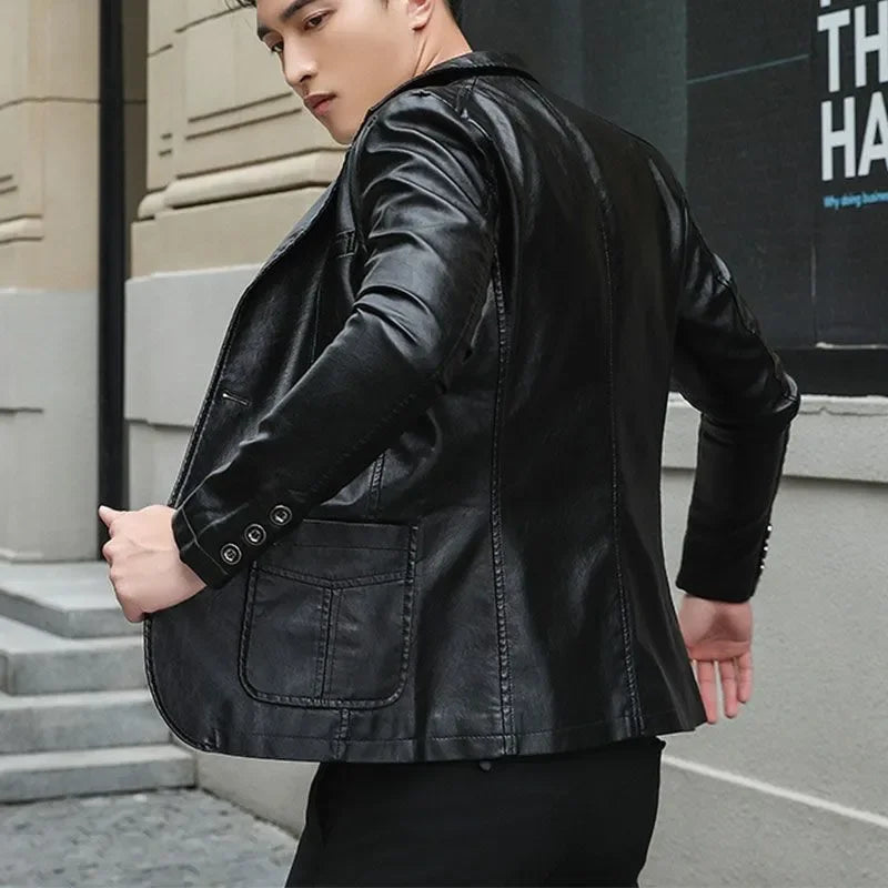 Leather Suit Men's Spring Autumn New Casual Middle-aged Slim Handsome Top PU Leather Jacket Suit