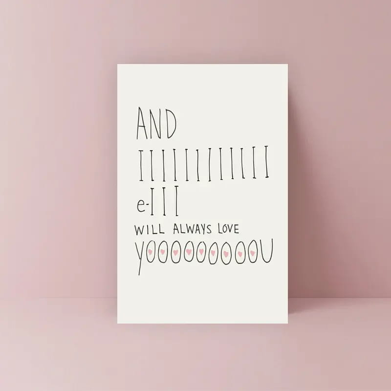 Eine minimalistische weiße Valentins-Liebesgrüßkarte mit schwarzem handgezeichnetem Text und pinkfarbenen Herz-Akzenten, begleitet von einem roten Umschlag.