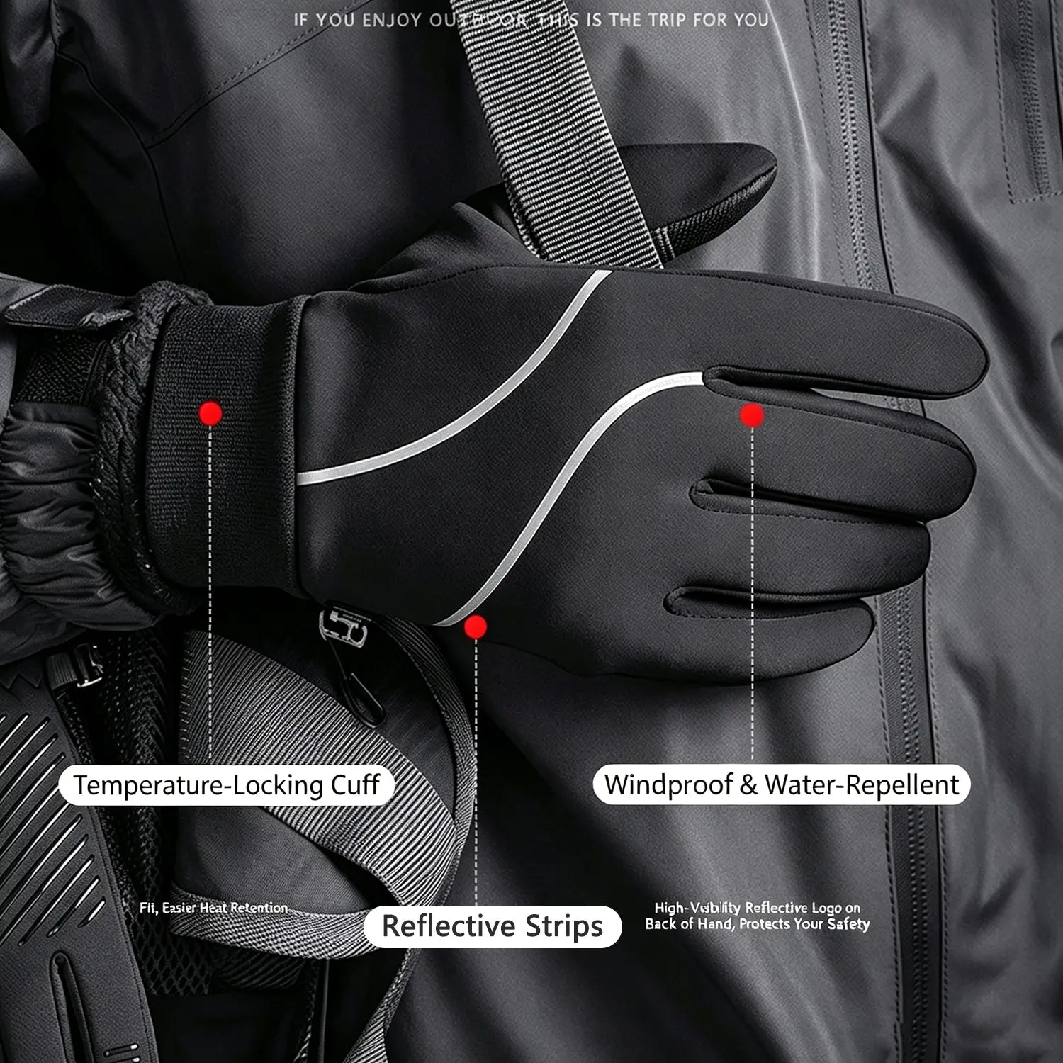 Men’s windproof touchscreen cycling gloves in black waterproof material featuring reflective white stripes and a temperature-locking cuff shown from the back side.