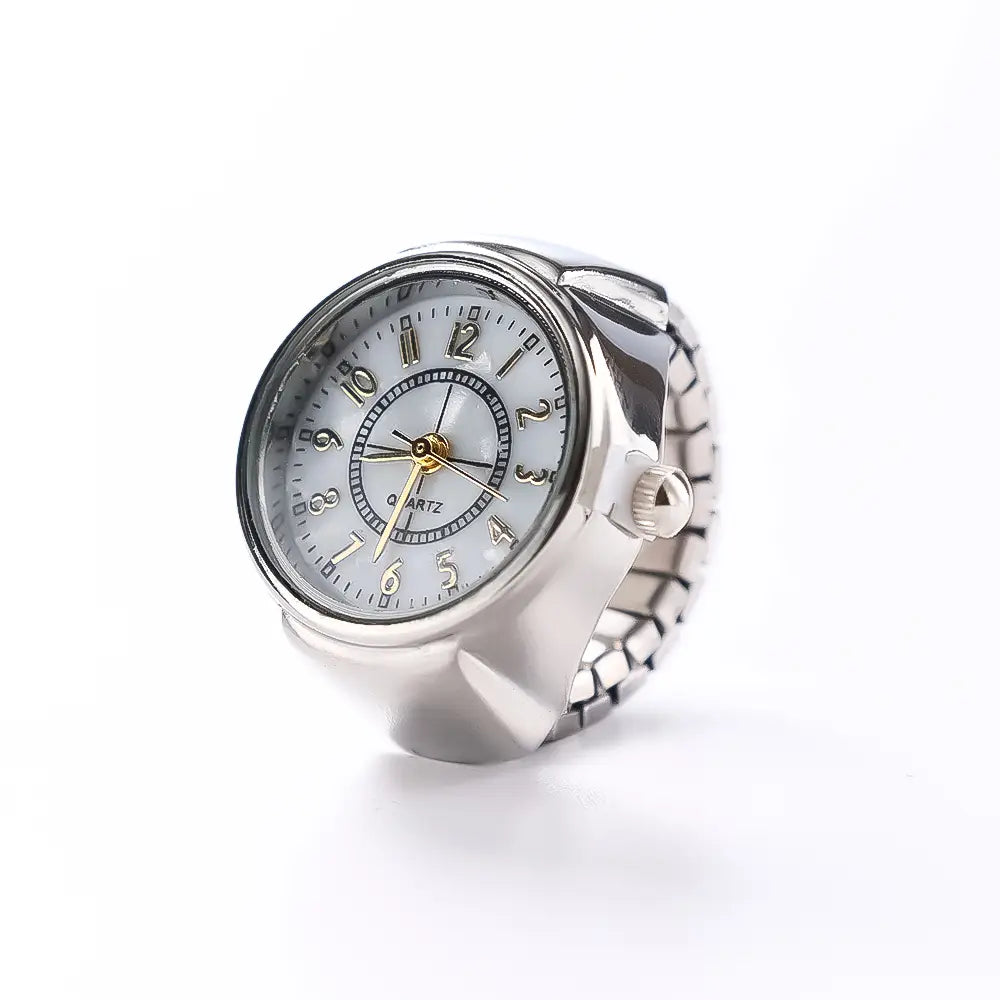 Silver-toned stretchable ring watch with a white dial and gold-tone hands and hour markers designed as unisex finger jewelry gift.