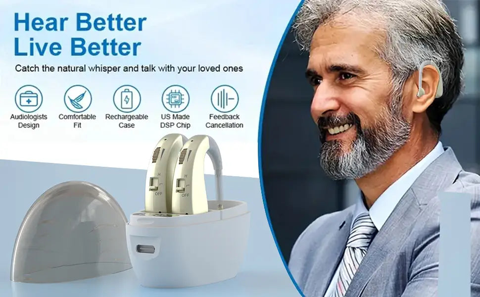Audífonos beige detrás de la oreja con funciones de reducción de ruido, mostrados junto a un estuche de carga blanco para un almacenamiento conveniente y alimentación.