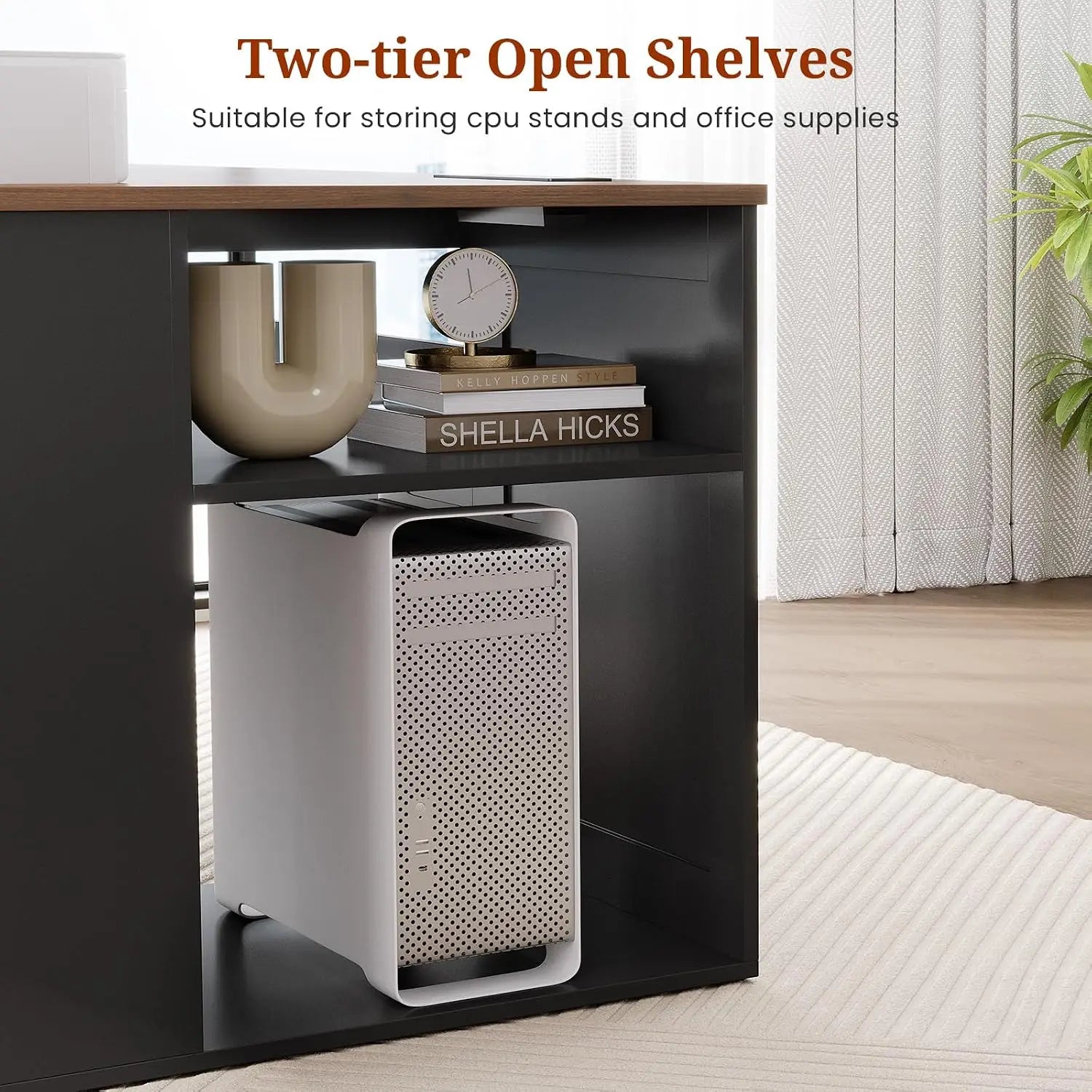 Executive desk with power outlet and drawers featuring a sleek white perforated computer tower with a modern design.