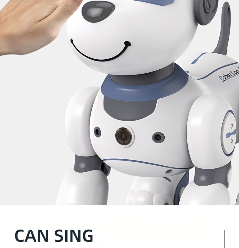White and gray remote control robotic dog toy with blue accents, jointed limbs, smiling face, and rechargeable battery for interactive play.