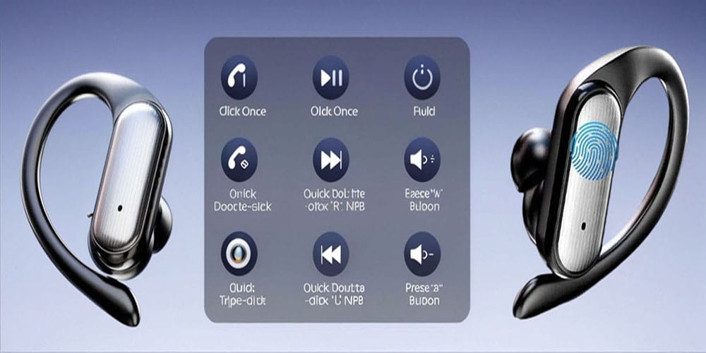 Black and silver wireless earhook earbuds featuring a sleek ergonomic design with a fingerprint sensor on the outer shell and hd stereo Bluetooth 5.0 connectivity.