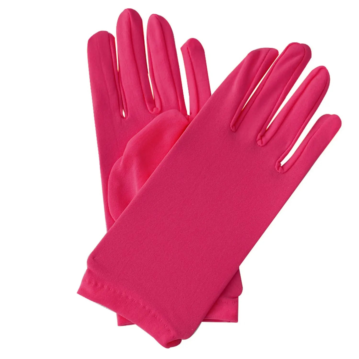 Une paire de gants en satin rouge vif avec une finition lisse et brillante et des poignets cousus avec soin, conçus comme de longues moufles d’opéra au coude pour femmes.