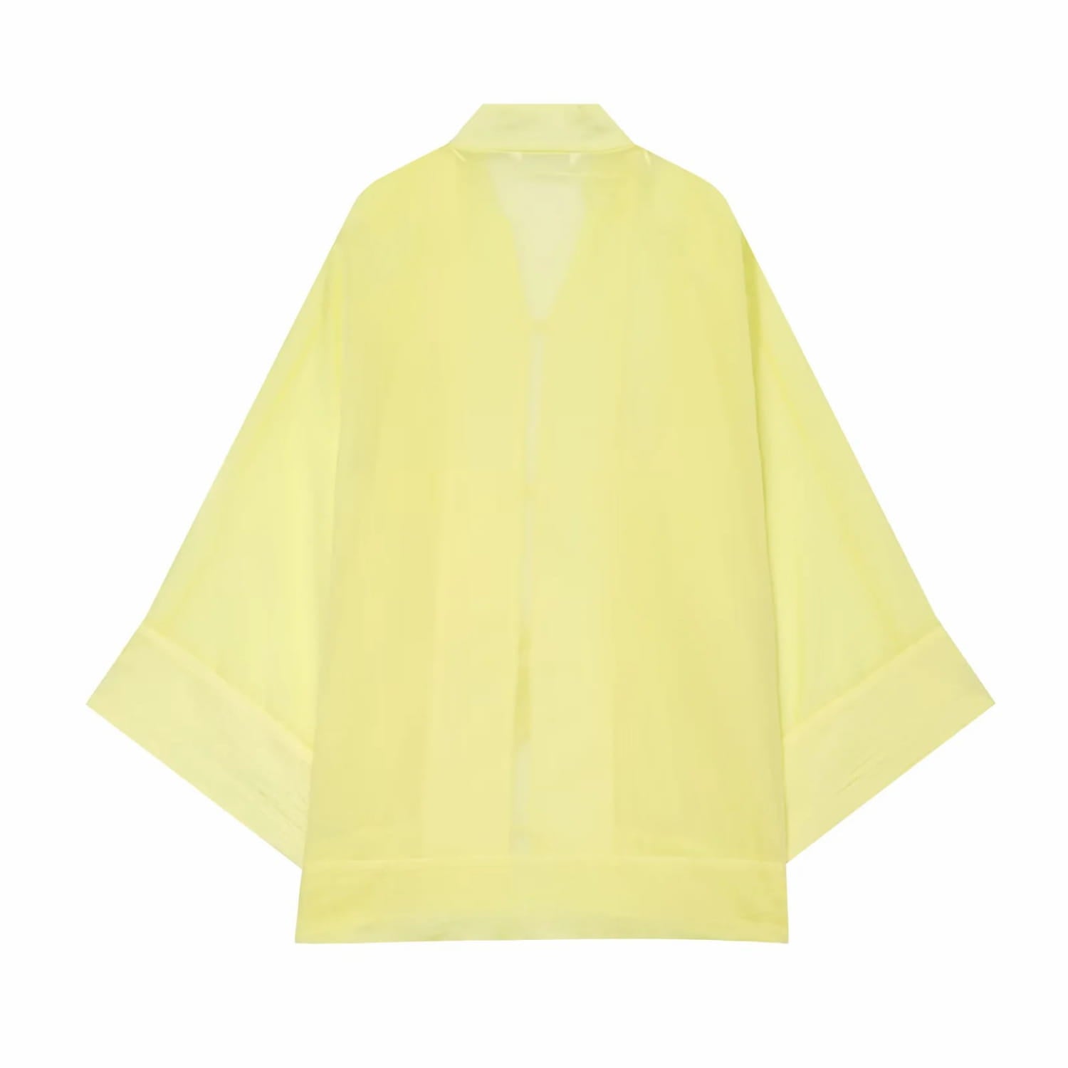 Chemise décontractée légère de style kimono transparente jaune pâle, à manches amples, col simple et ourlet droit.