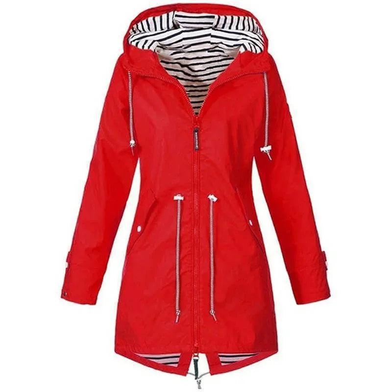 Women's Lightweight Waterproof Raincoat Ideal for Casual Outdoor Hikes Trench Style with Drawstring