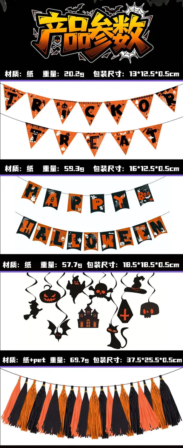 Guirnalda colgante de Halloween para fiesta, decoración espeluznante, con banderines de papel naranja y negro, calabazas, murciélagos y diseños de casas encantadas.