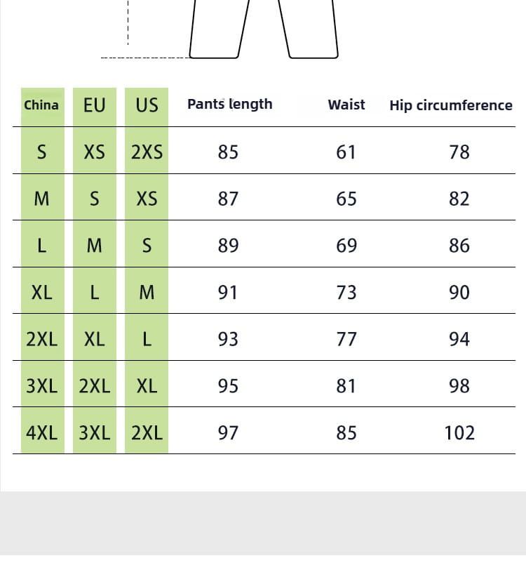 Tabla de tallas para el conjunto de ropa interior térmica para hombres, con forro de lana polar y secado rápido, con medidas de los pantalones en tallas chinas, europeas y estadounidenses, con la longitud, la cintura y la circunferencia de la cadera correspondientes.