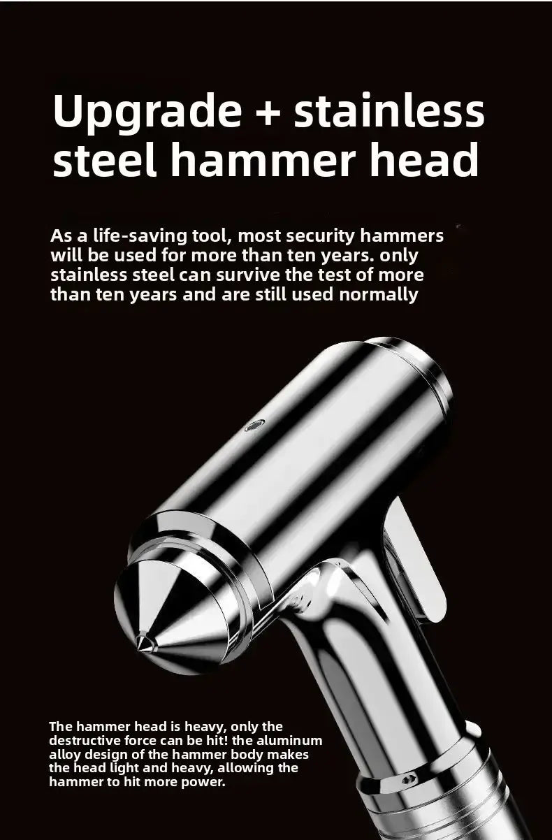 Shiny chrome-finished stainless steel car safety hammer head with pointed tip and ergonomic handle designed for emergency seat belt cutting.
