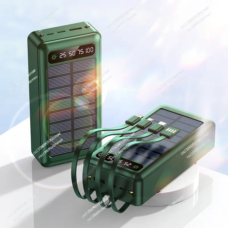 Dark green rectangular solar power bank 5000mah fast charging portable charger with multiple USB ports and integrated charging cables.