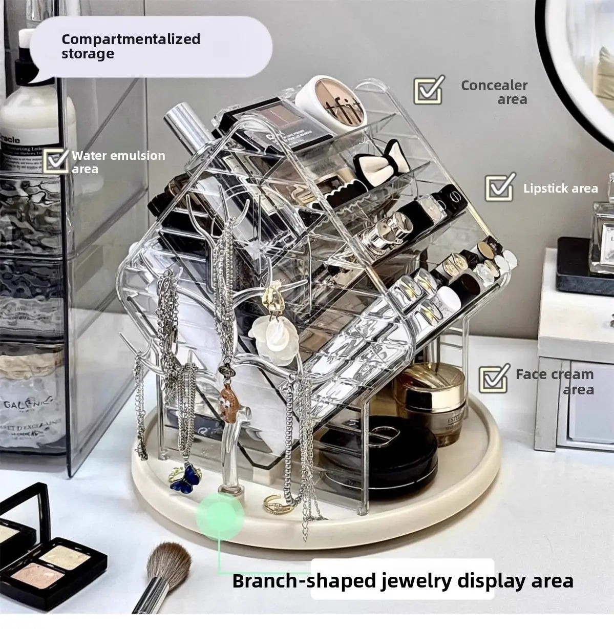 Organisateur de maquillage en acrylique transparent en forme de maison, avec base rotative et zone d’exposition pour bijoux en forme de branche, pour les cosmétiques et les accessoires.