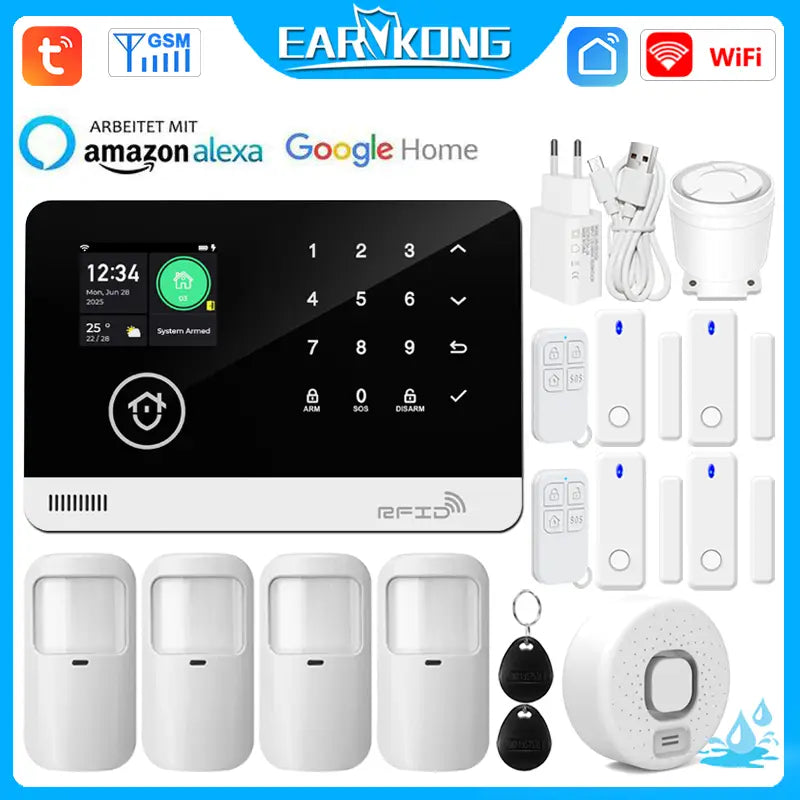 Système d’alarme de sécurité pour maison intelligente Tuya avec oreille blanche, écran tactile, capteur sans fil, télécommandes à clé, et compatibilité avec l’application Smart Life, pour une protection complète de votre maison intelligente.