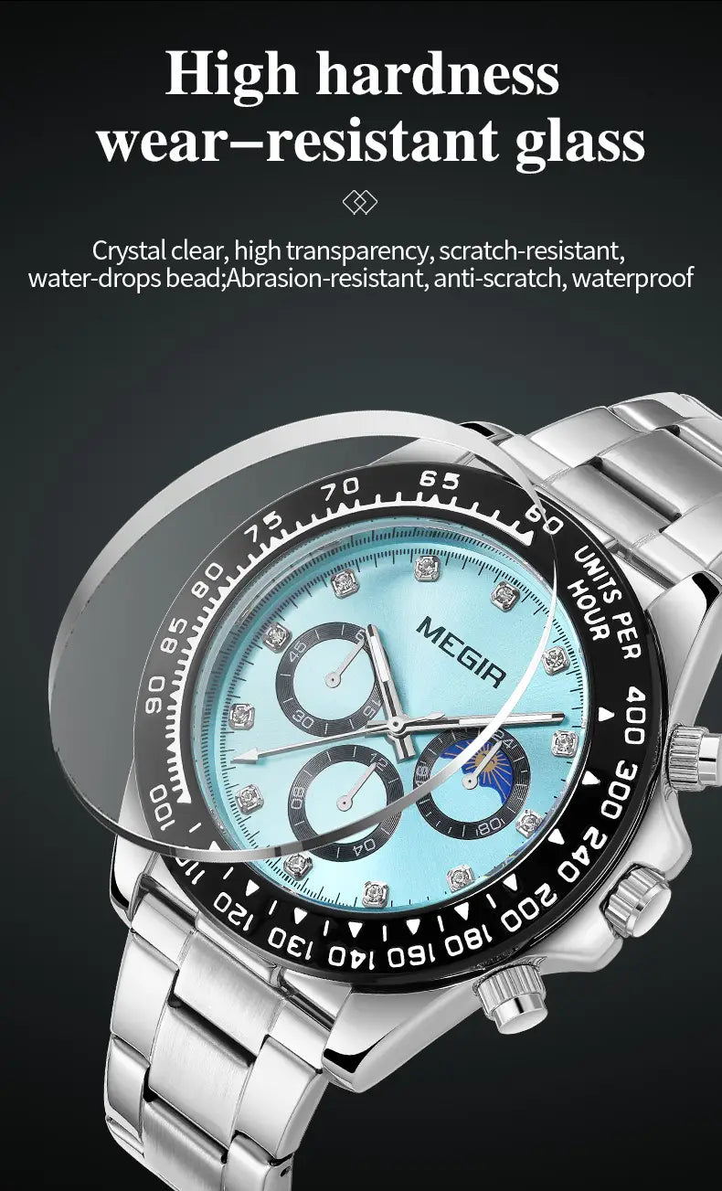 Megir men luxury sports quartz watch featuring a silver-toned chronograph design with a light blue dial diamond bezel and hour markers black rotating inner ring and stainless steel link bracelet.
