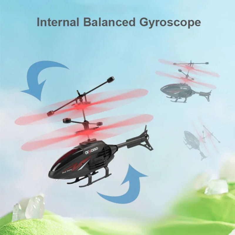 Helicóptero teledirigido de color negro y rojo con giroscopio interno equilibrado, diseñado como un juguete interior con LED, que ofrece un tiempo de carga optimizado y un tiempo de vuelo prolongado.