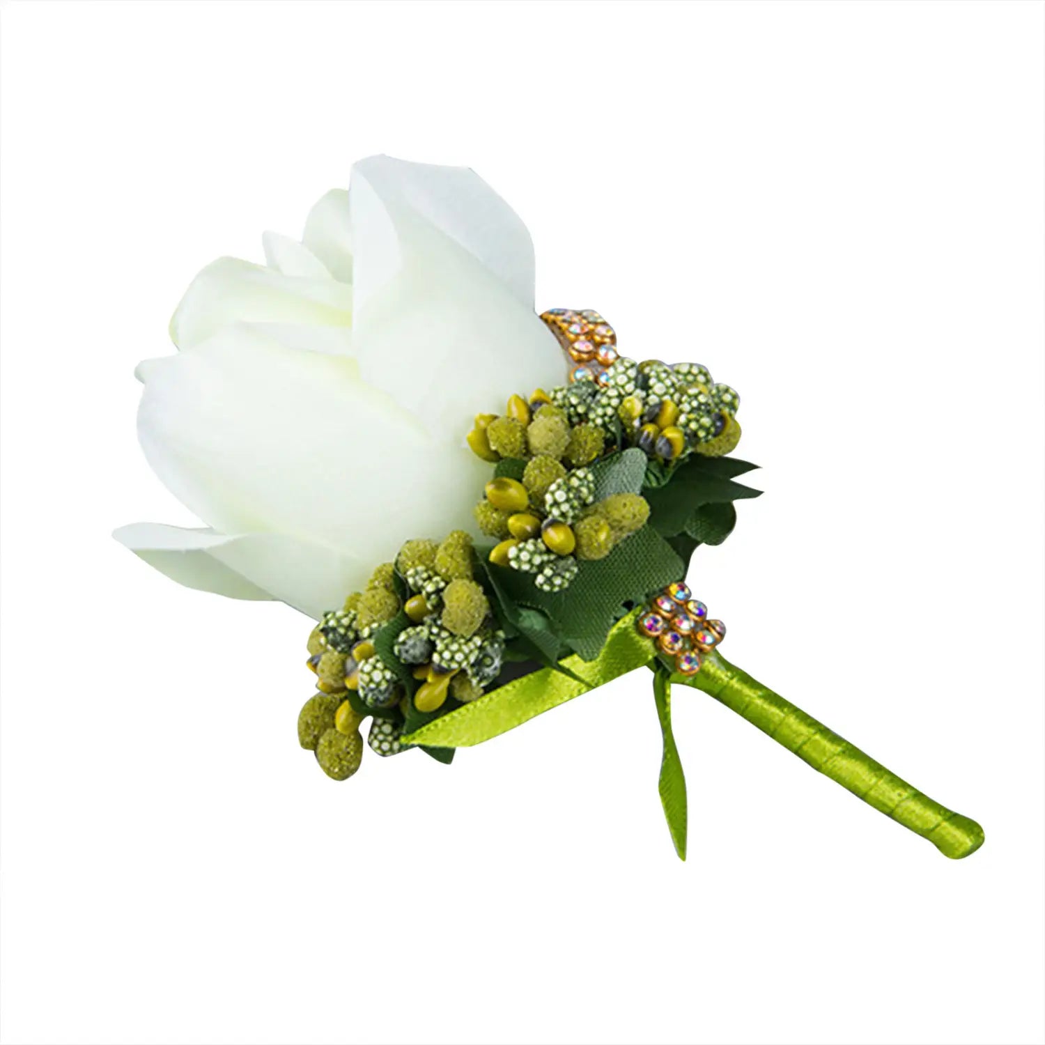 Elegant white artificial rose boutonniere with green and gold embellishments and a satin ribbon tie for a blue wedding boutonniere artificial silk rose corsage.