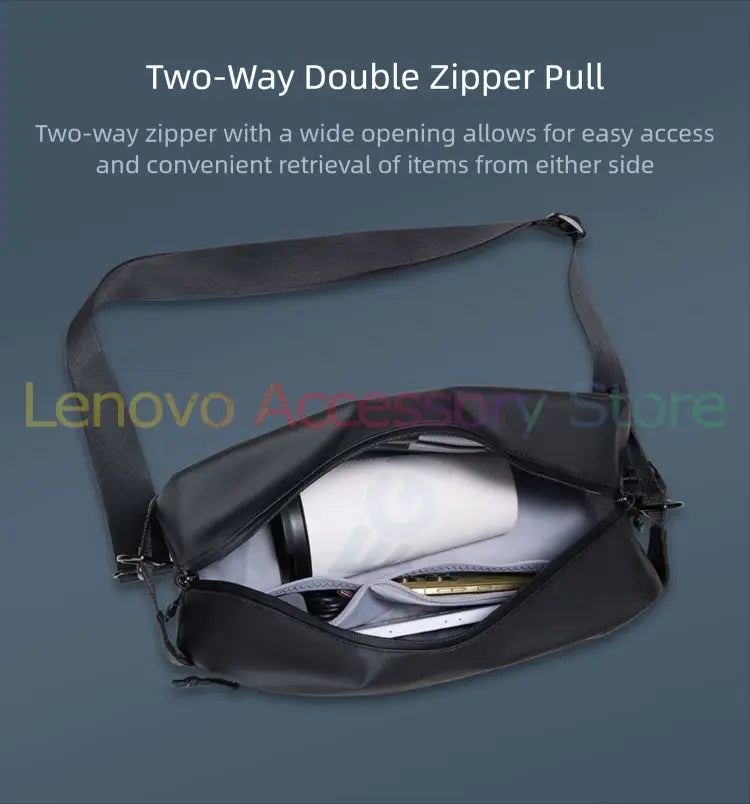 black nylon lenovo legion tablet waterproof messenger bag with a two-way double zipper pull for easy access from either side