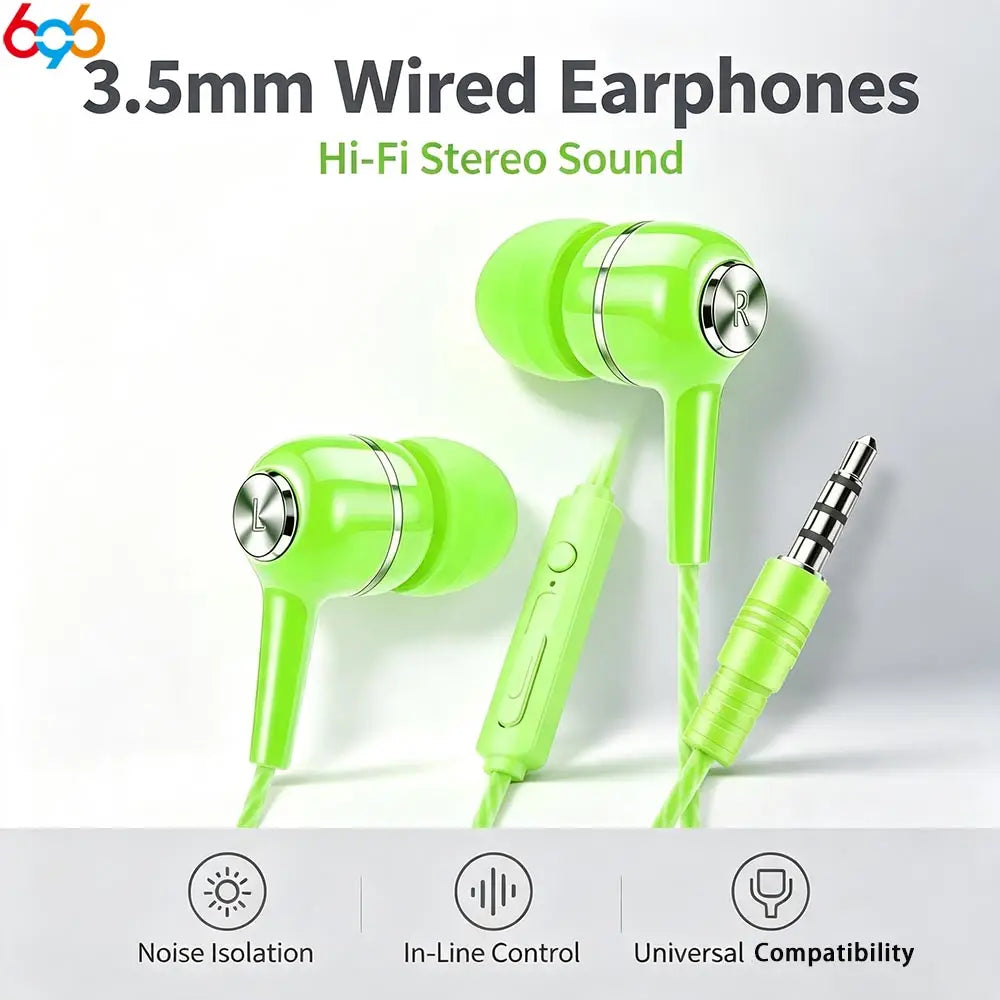 téléphone mobile avec écouteurs filaires intra-auriculaires, en vert citron lumineux, avec boutons de commande argentés, une prise jack 3,5 mm et une télécommande en ligne pour le réglage du volume