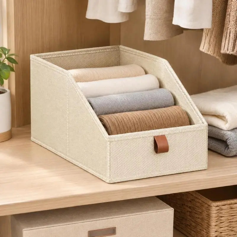 beige woven fabric storage basket with brown leather pull tab neatly holding rolled neutral tone sweaters on closet shelves package includes six baskets