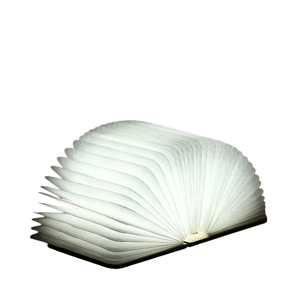 A sleek white foldable led book light with magnetic closure and usb rechargeable battery shown from front angle