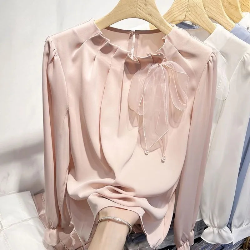 Women Stylish Ruffled Bow Lace Up Chiffon Blouses Office Lady Elegant Chic Commute Shirts Korean O Neck Long Sleeve Loose Tops